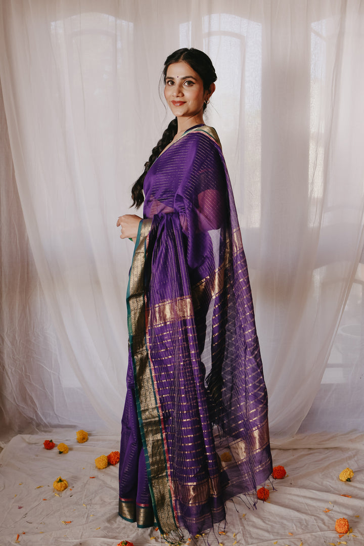 Dark Purple Pure Silk Cotton Maheshwari Saree