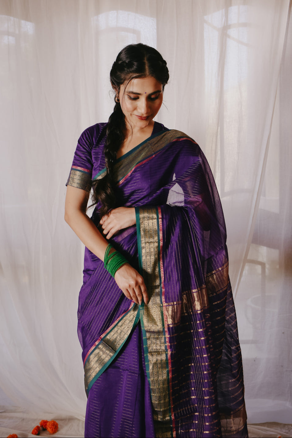 Dark Purple Pure Silk Cotton Maheshwari Saree