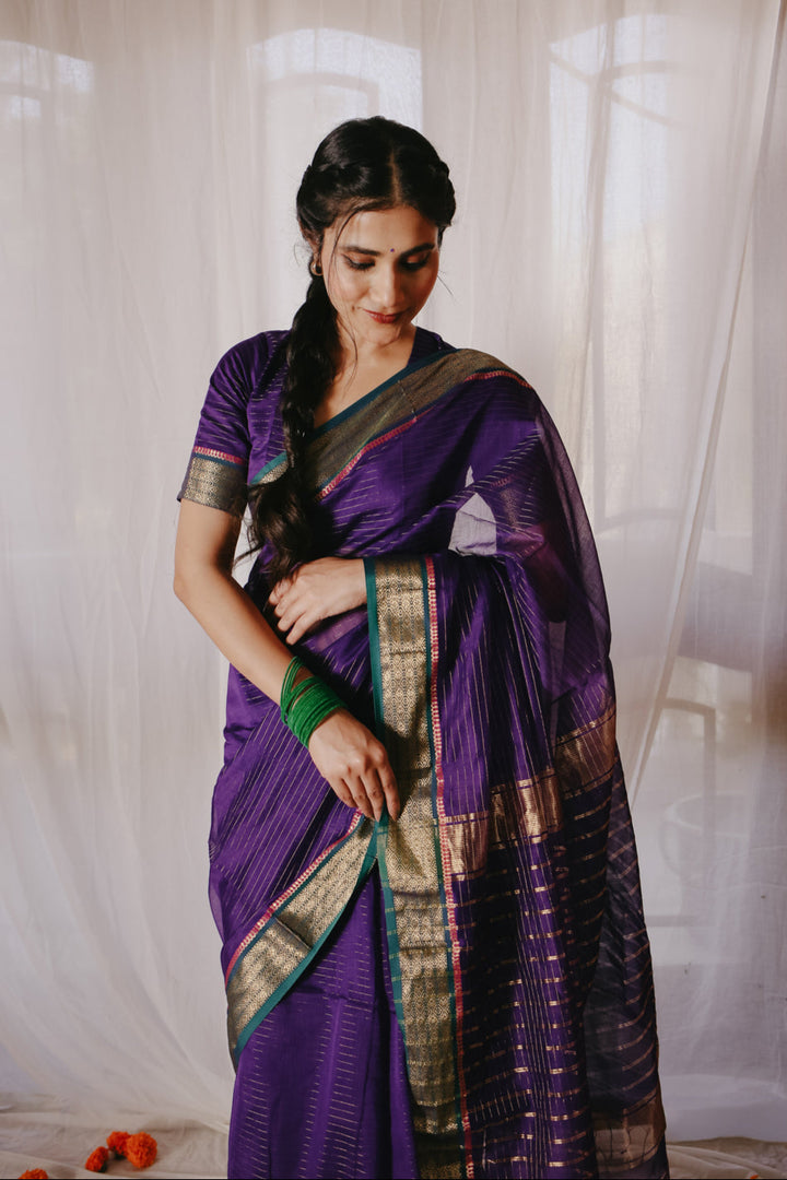 Dark Purple Pure Silk Cotton Maheshwari Saree