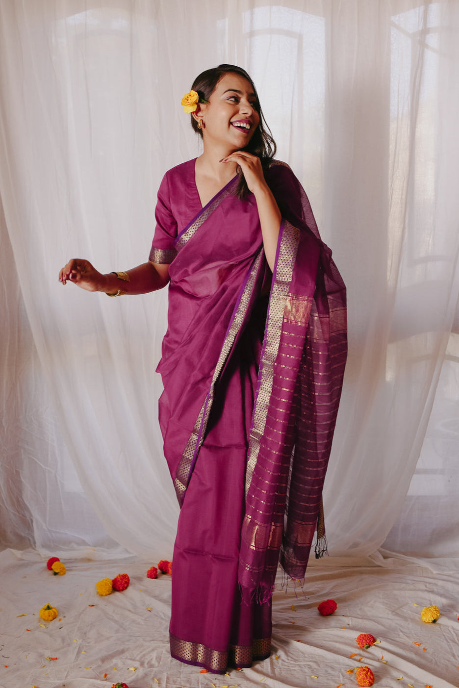 Magenta Pure Silk Cotton Maheshwari Saree