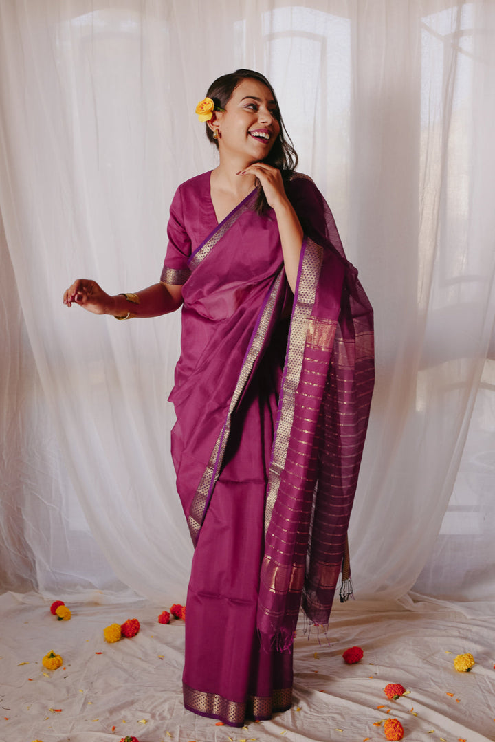 Magenta Pure Silk Cotton Maheshwari Saree