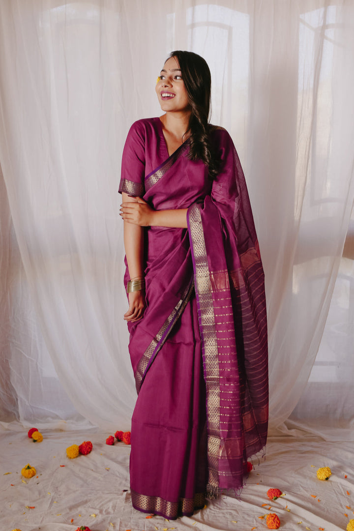 Magenta Pure Silk Cotton Maheshwari Saree