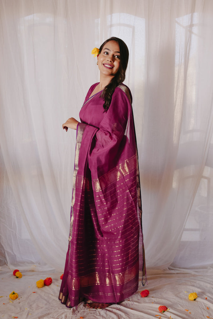 Magenta Pure Silk Cotton Maheshwari Saree