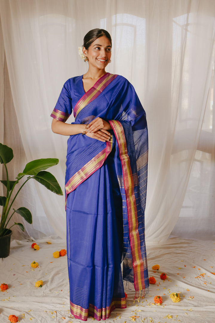 Dark blue Pure Silk Cotton Maheshwari Pre-stitched Ready to Wear Saree with Pocket