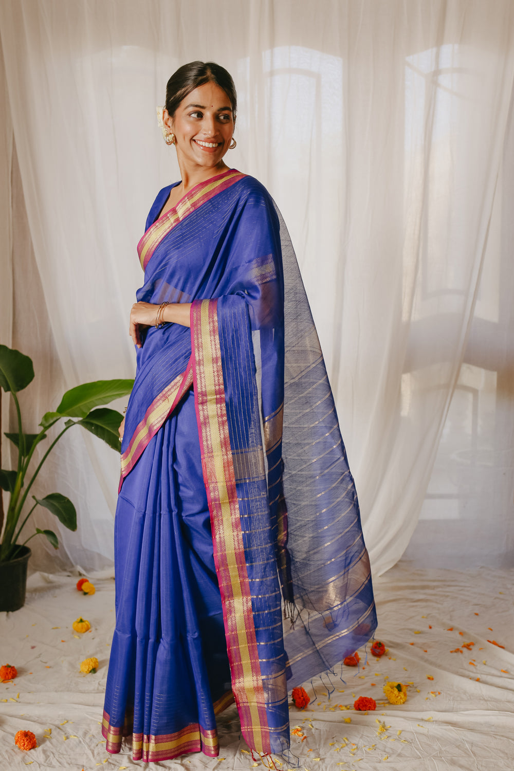 Dark blue Pure Silk Cotton Maheshwari Pre-stitched Ready to Wear Saree with Pocket