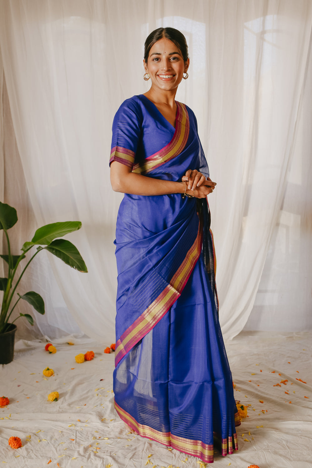 Dark blue Pure Silk Cotton Maheshwari Pre-stitched Ready to Wear Saree with Pocket