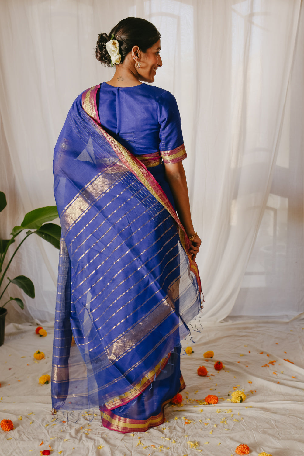 Dark blue Pure Silk Cotton Maheshwari Pre-stitched Ready to Wear Saree with Pocket