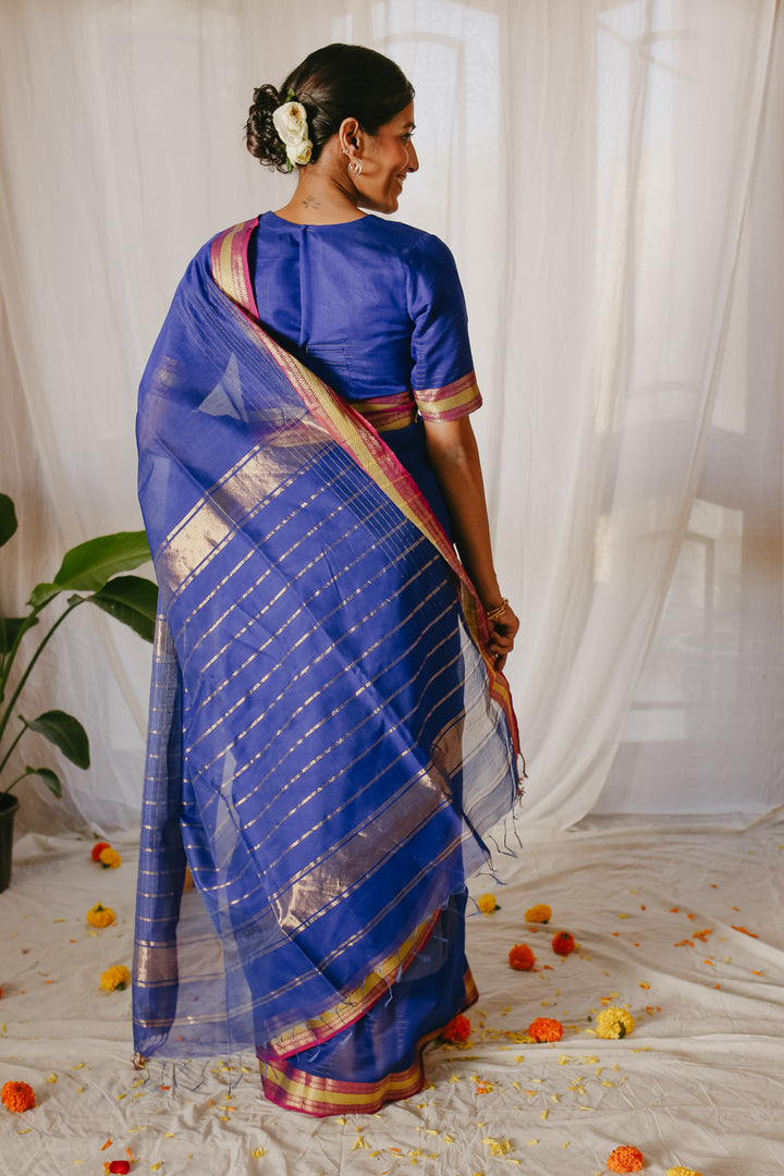 Dark blue Pure Silk Cotton Maheshwari Pre-stitched Ready to Wear Saree with Pocket
