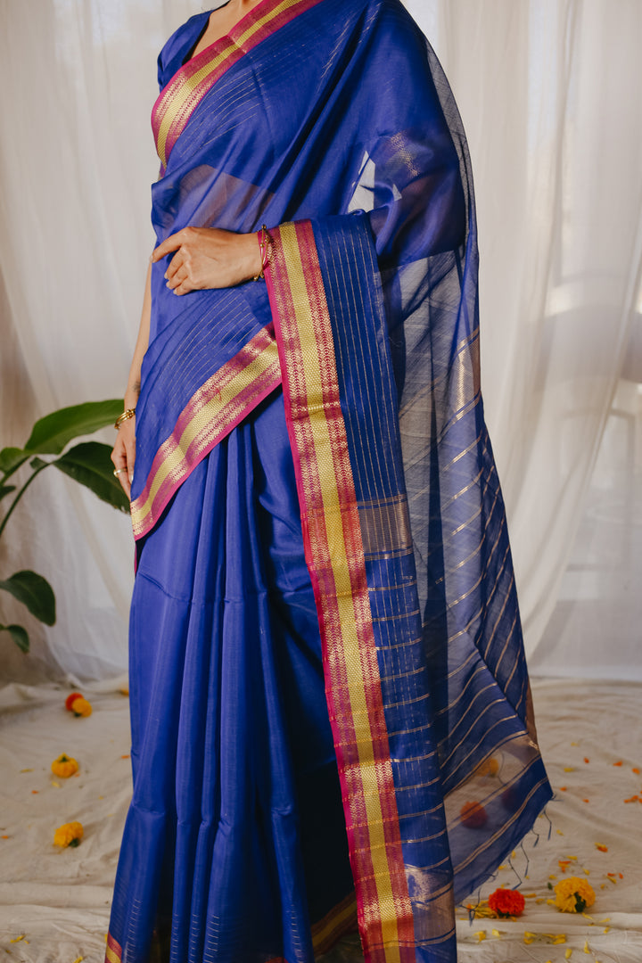 Dark blue Pure Silk Cotton Maheshwari Pre-stitched Ready to Wear Saree with Pocket