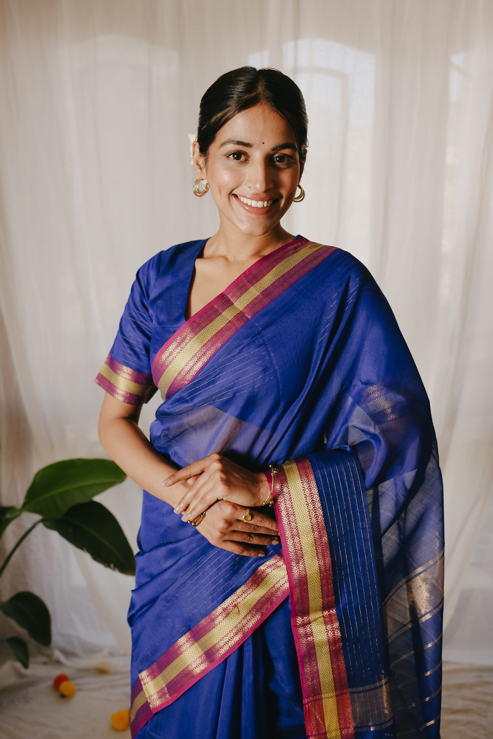 Dark blue Pure Silk Cotton Maheshwari Pre-stitched Ready to Wear Saree with Pocket