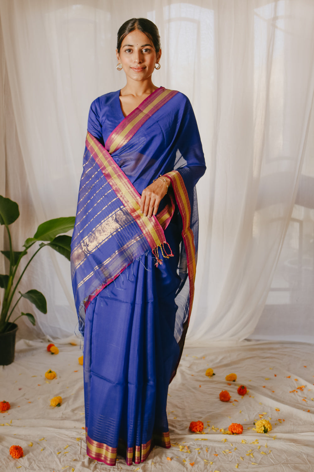 Dark blue Pure Silk Cotton Maheshwari Pre-stitched Ready to Wear Saree with Pocket
