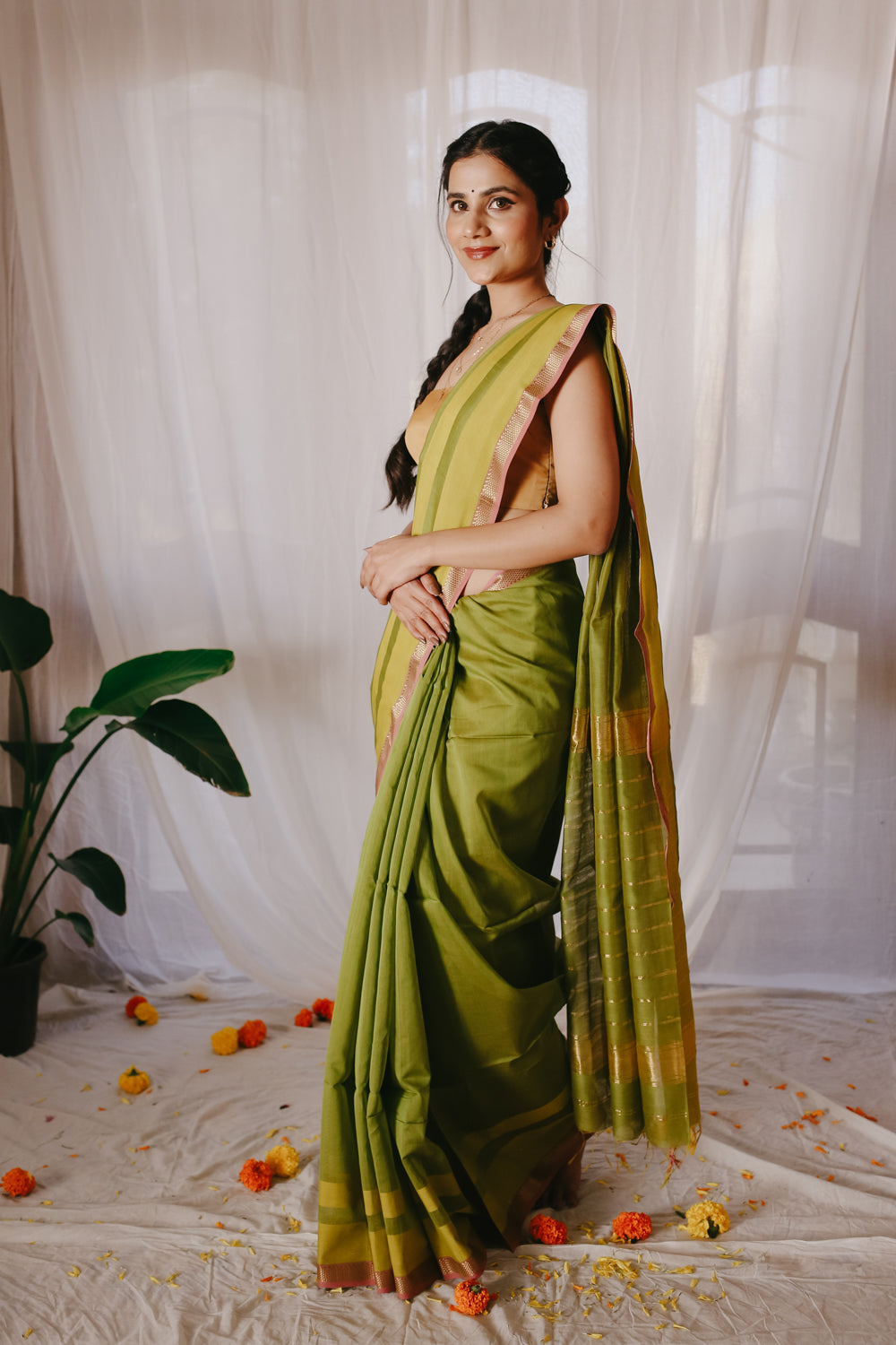Green Pure Silk Cotton Maheshwari Saree