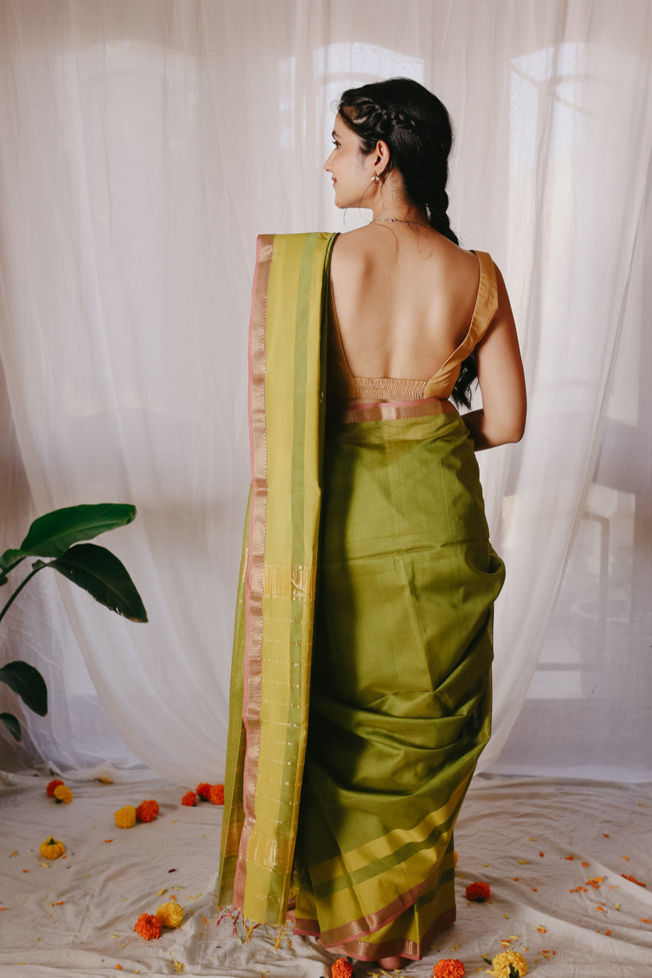 Green Pure Silk Cotton Maheshwari Saree