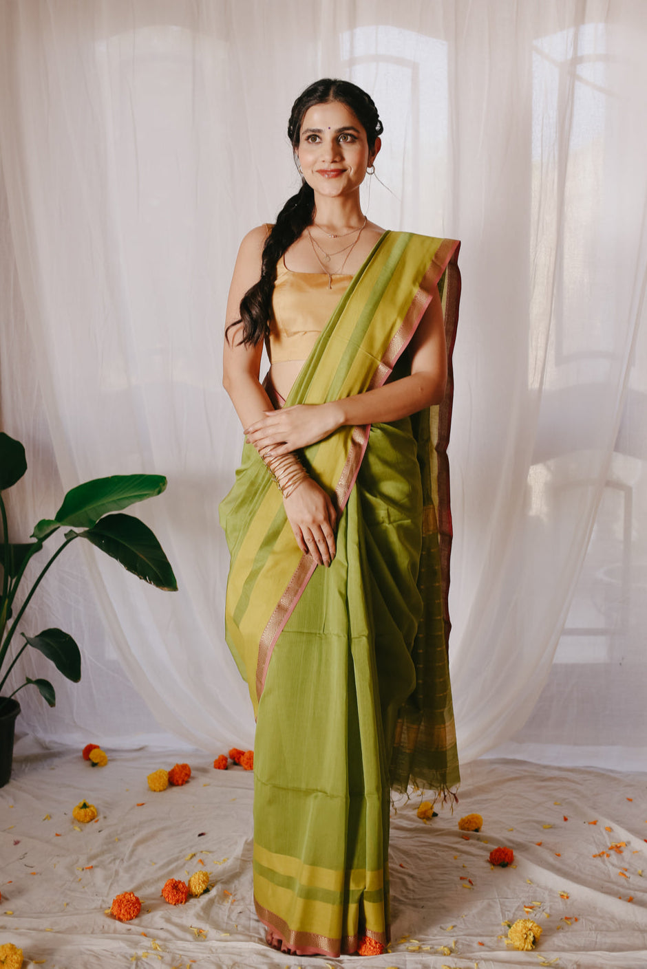 Green Pure Silk Cotton Maheshwari Saree