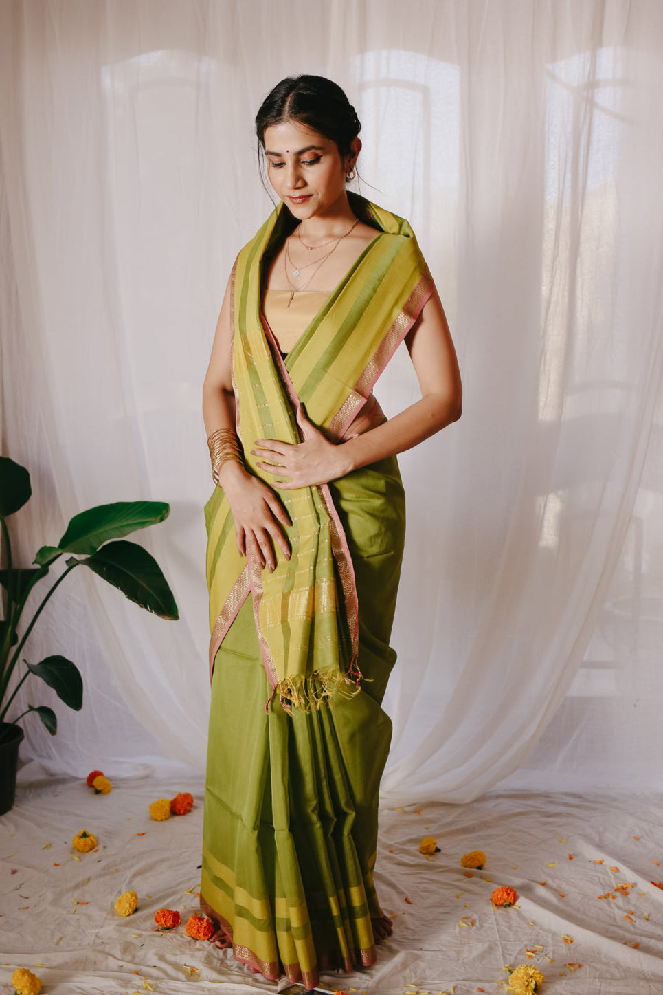 Green Pure Silk Cotton Maheshwari Saree