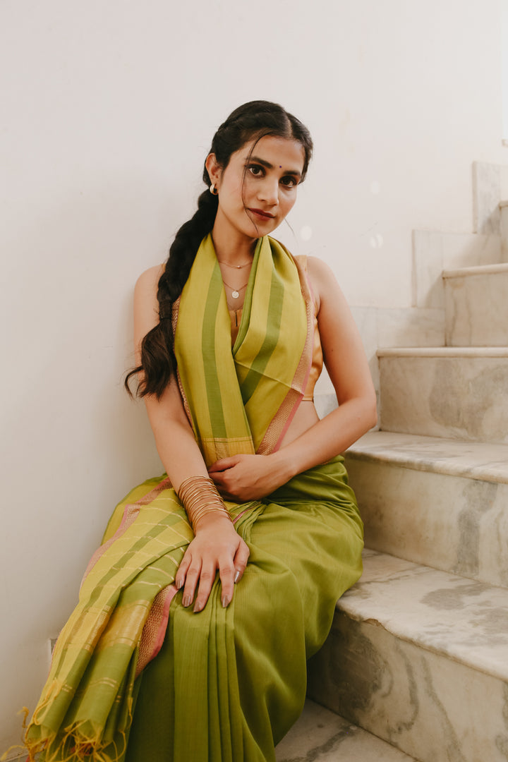 Green Pure Silk Cotton Maheshwari Saree