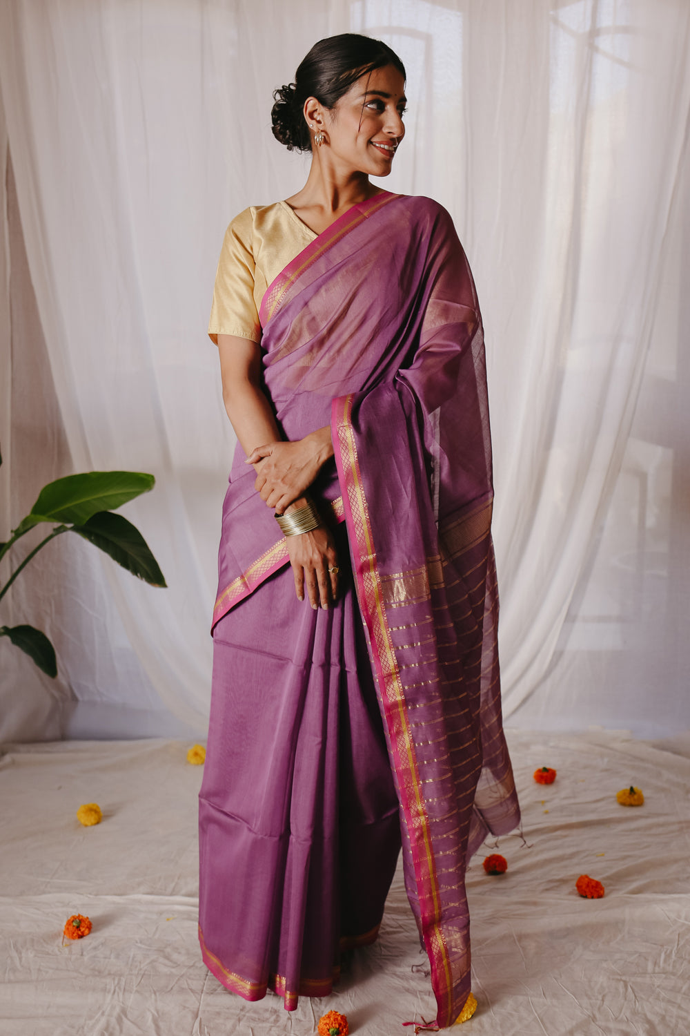 Light purple Pure Silk Cotton Maheshwari Saree