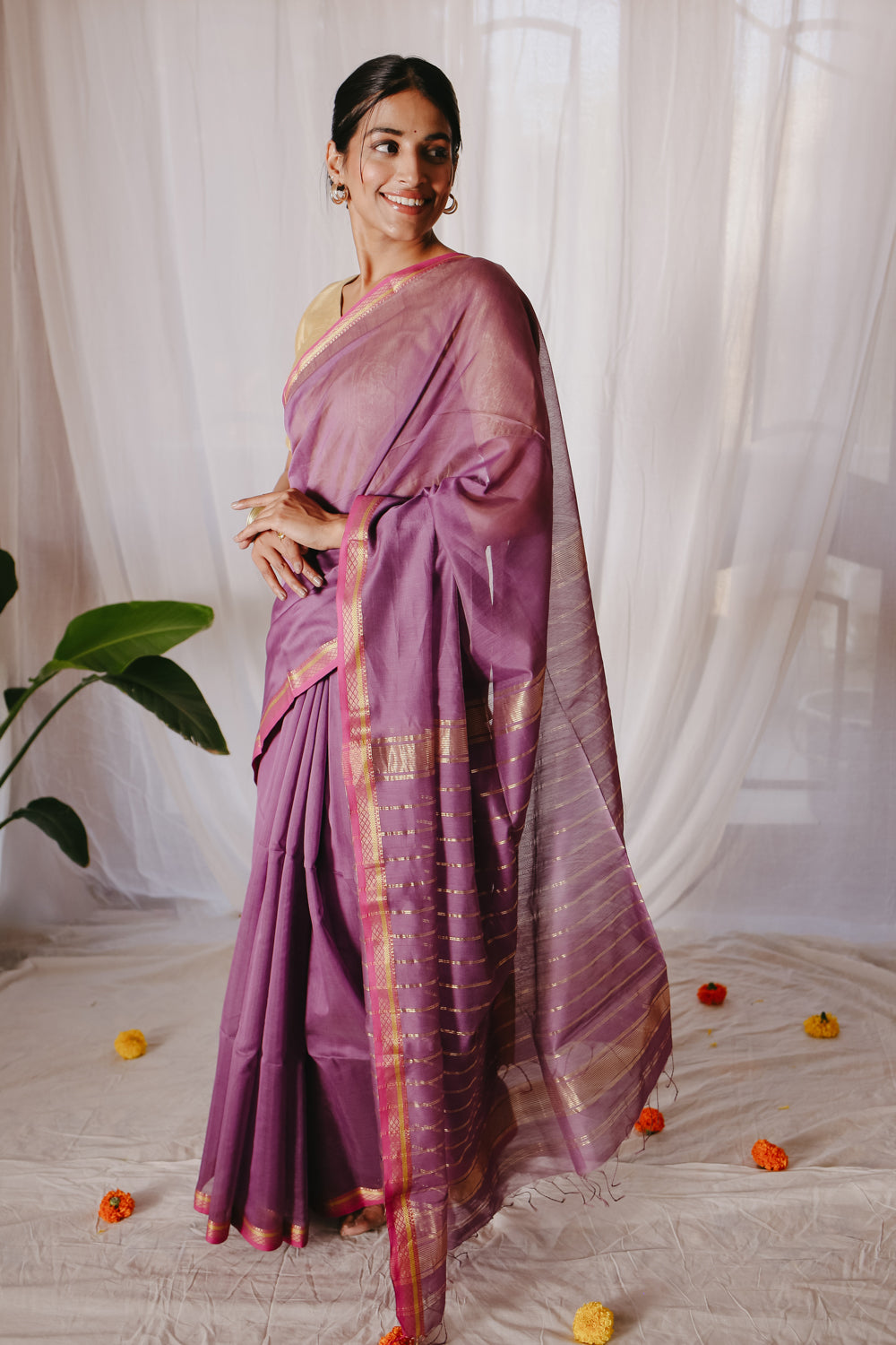 Light purple Pure Silk Cotton Maheshwari Saree