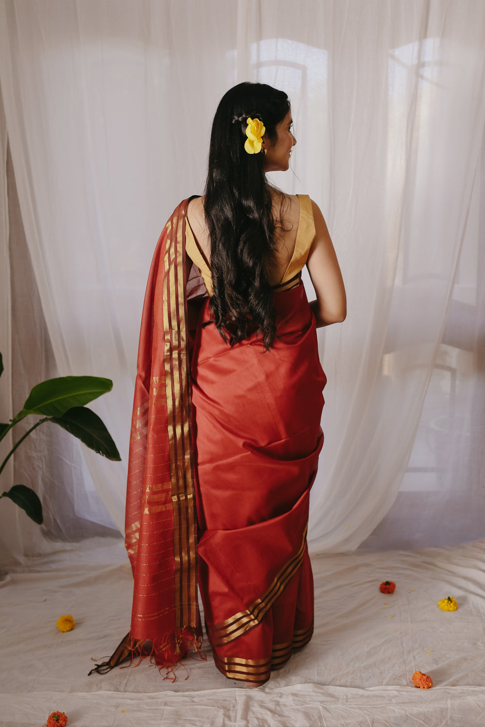 Rust Pure Silk Cotton Maheshwari Saree
