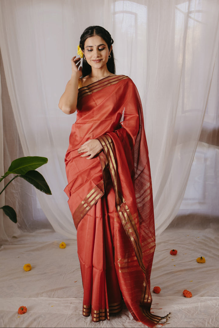 Rust Pure Silk Cotton Maheshwari Saree