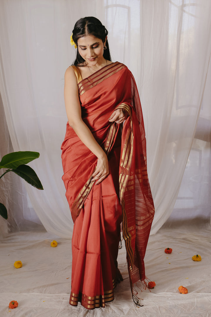 Rust Pure Silk Cotton Maheshwari Saree