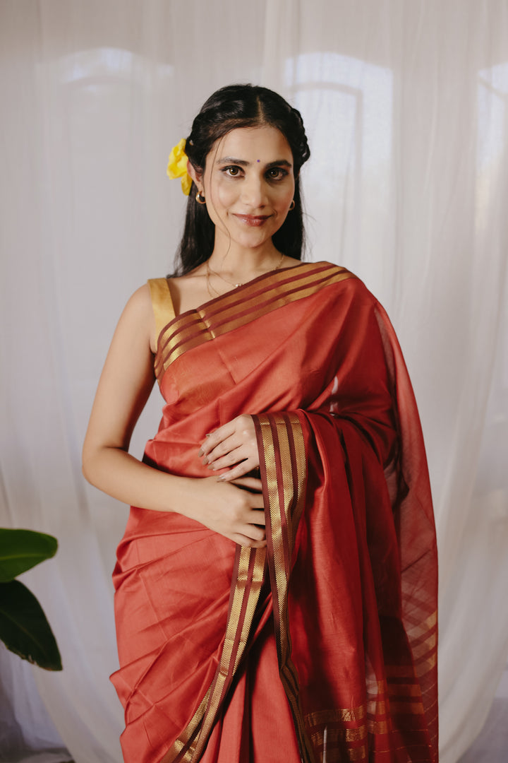 Rust Pure Silk Cotton Maheshwari Saree