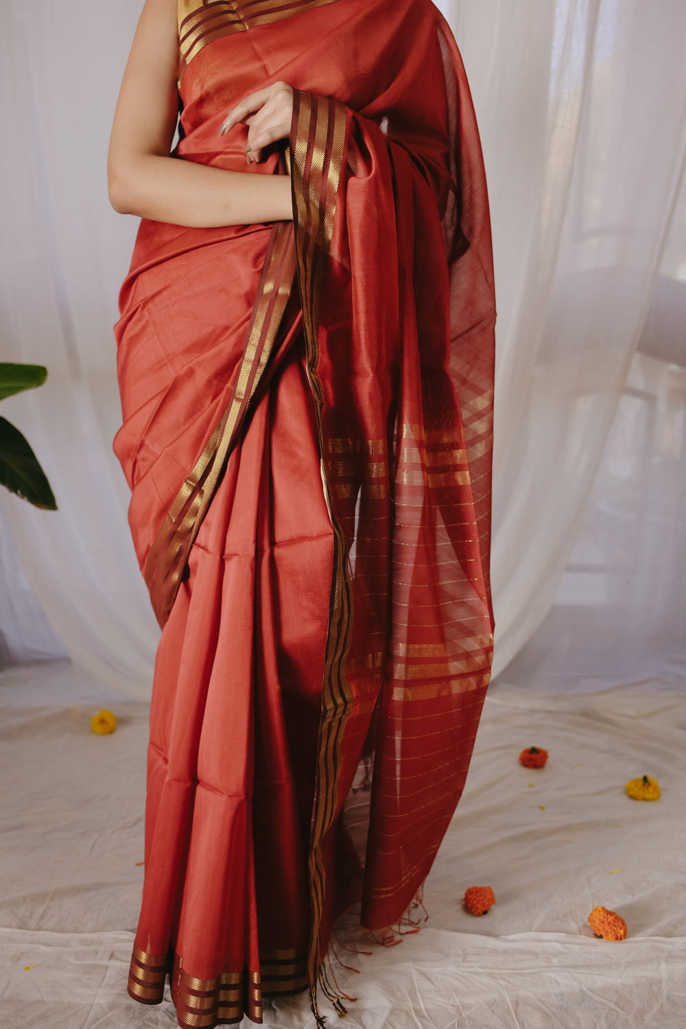 Rust Pure Silk Cotton Maheshwari Saree