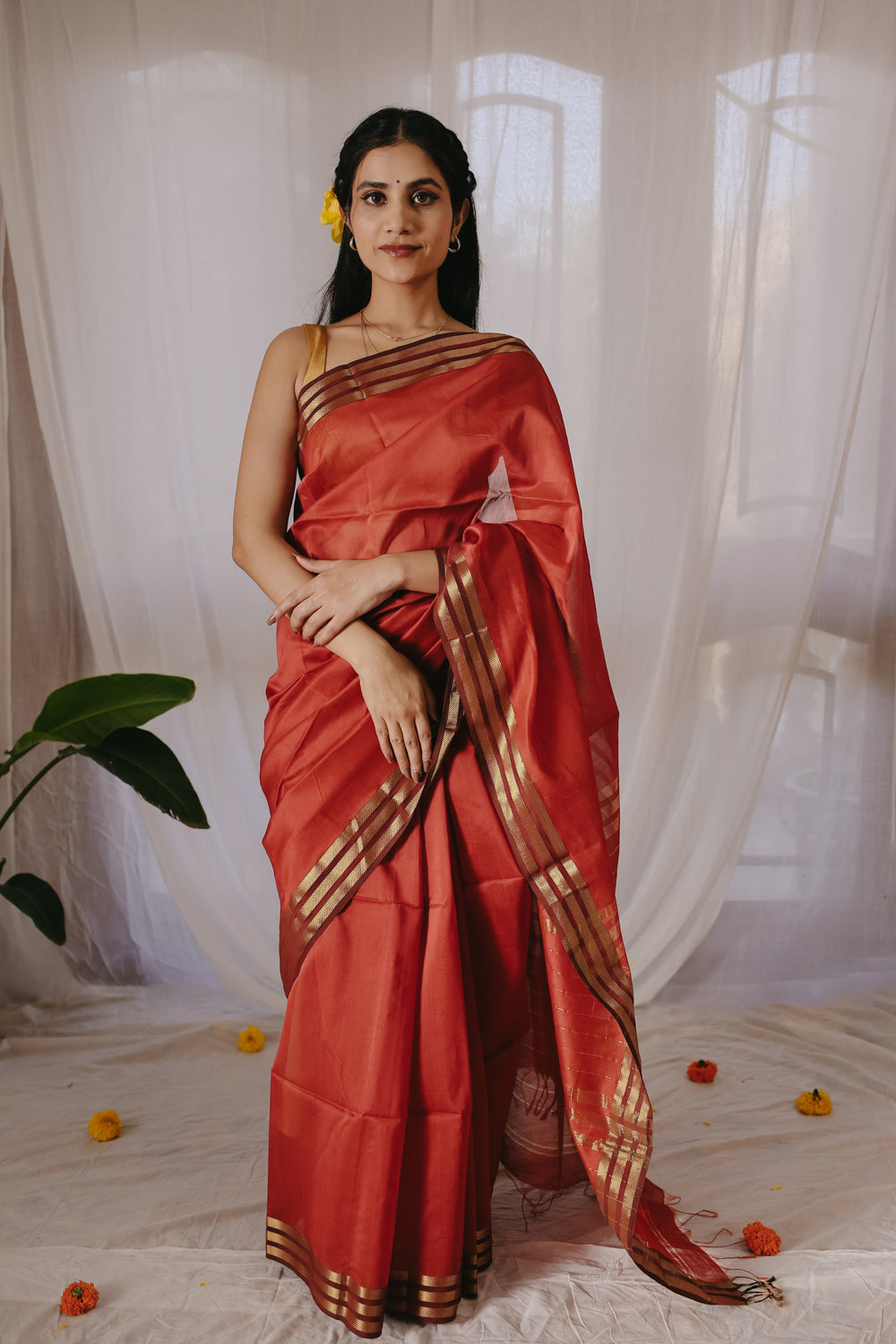 Rust Pure Silk Cotton Maheshwari Saree