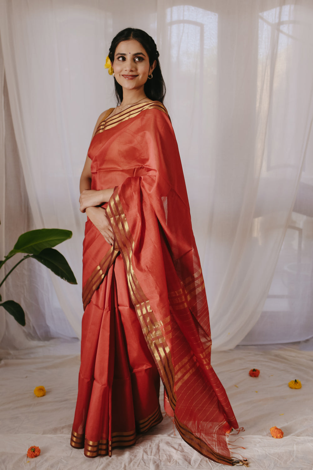 Rust Pure Silk Cotton Maheshwari Saree