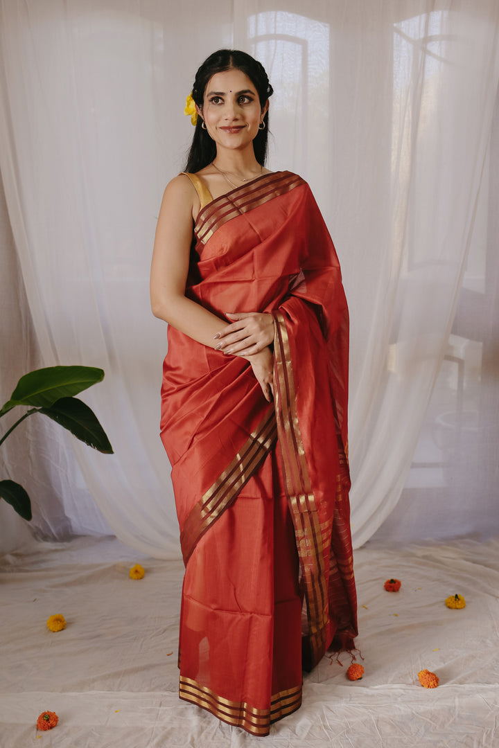 Rust Pure Silk Cotton Maheshwari Saree