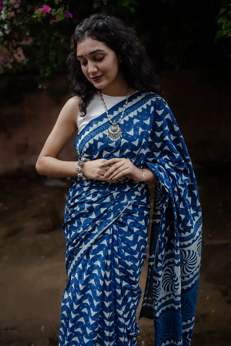 Blue Flake - Hand Block Print Mulmul Cotton Bagru Saree