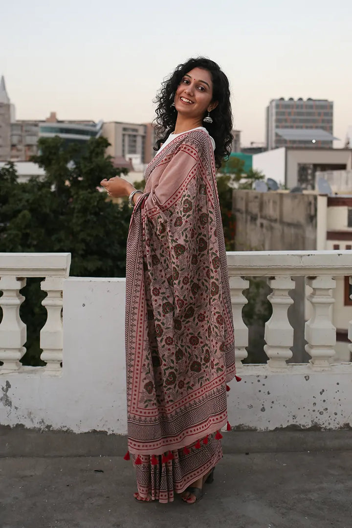 Old rose - Mulmul Cotton Pre-stitched Ready to Wear Saree with Pocket