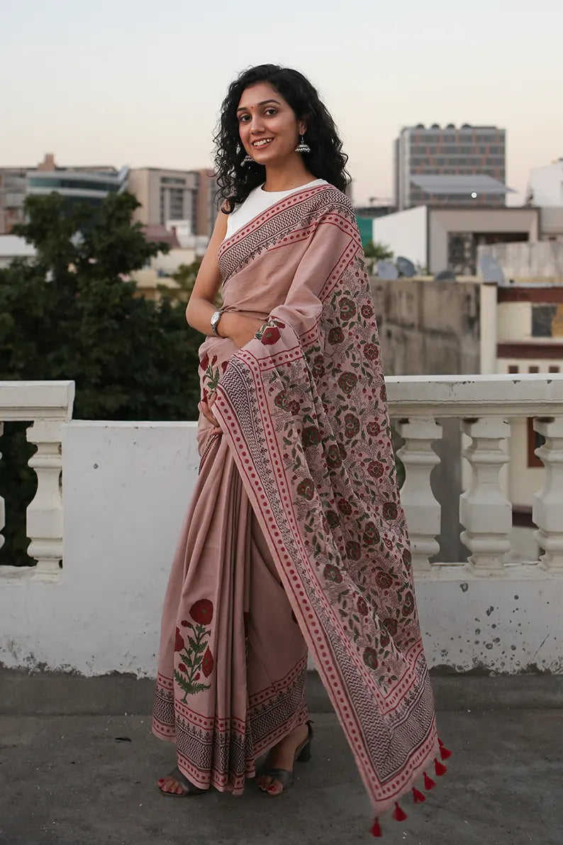 Old rose - Mulmul Cotton Pre-stitched Ready to Wear Saree with Pocket