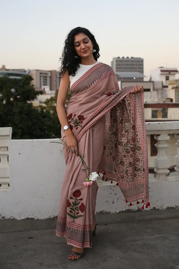 Old rose - Mulmul Cotton Pre-stitched Ready to Wear Saree with Pocket