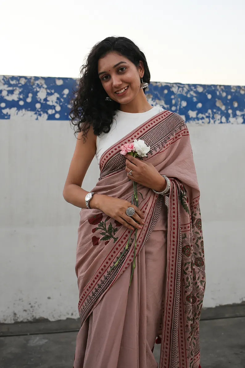 Old rose - Mulmul Cotton Pre-stitched Ready to Wear Saree with Pocket