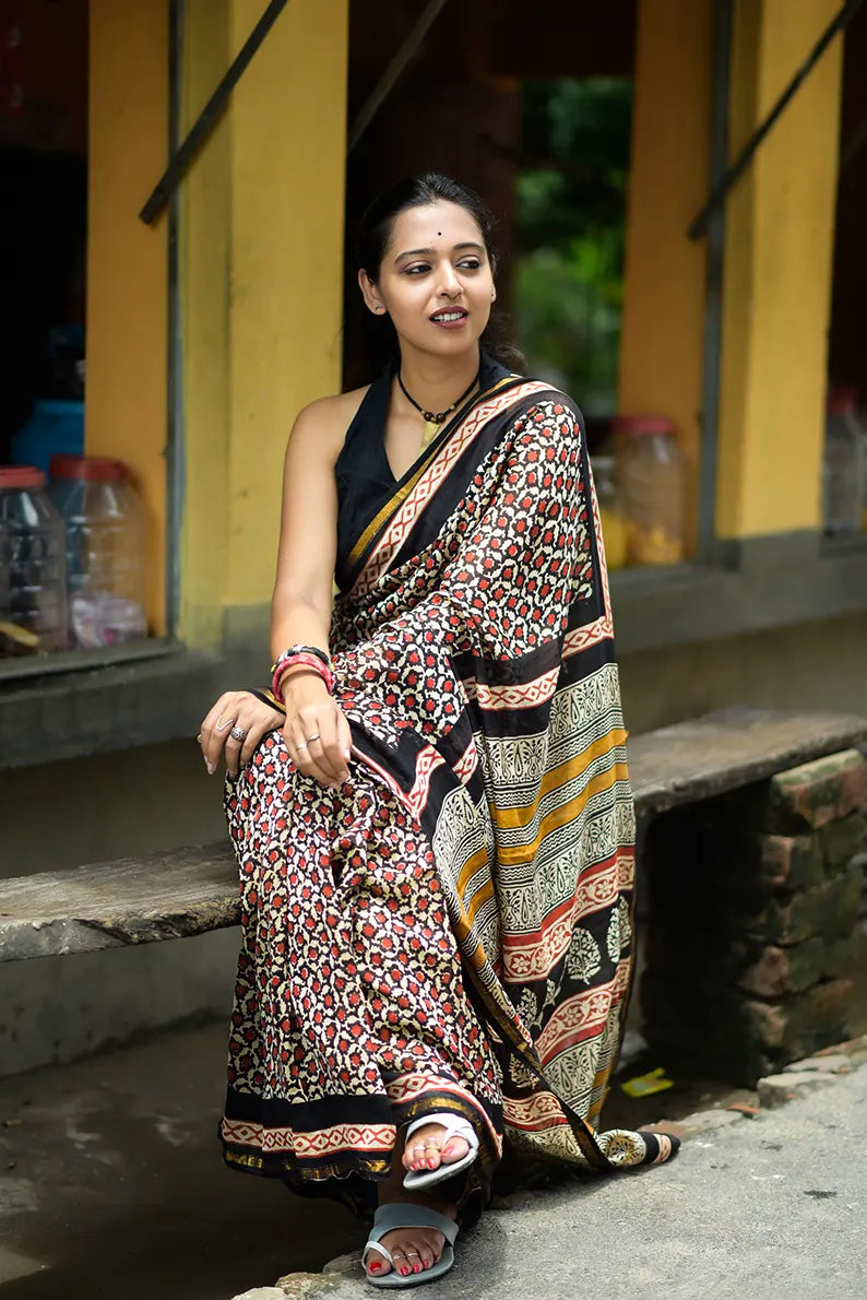 Mystic Escape - Hand Block Print Chanderi Silk Bagru Saree