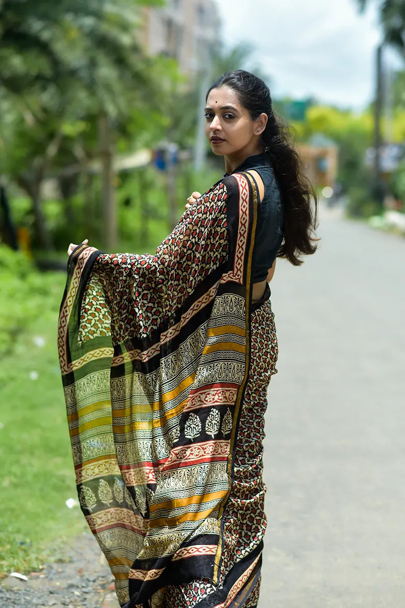 Mystic Escape - Hand Block Print Chanderi Silk Bagru Saree