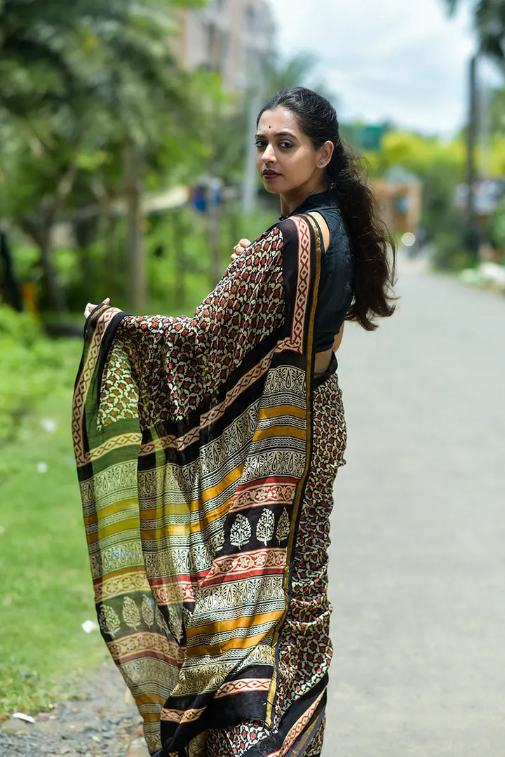 Mystic Escape - Hand Block Print Chanderi Silk Bagru Saree