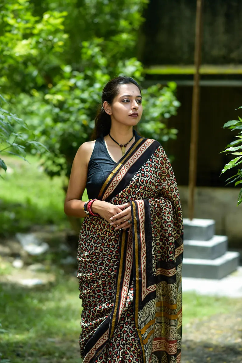 Mystic Escape - Hand Block Print Chanderi Silk Bagru Saree