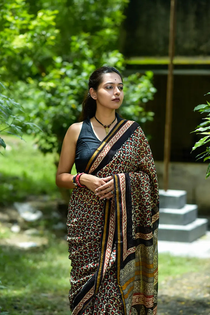 Mystic Escape - Hand Block Print Chanderi Silk Bagru Saree