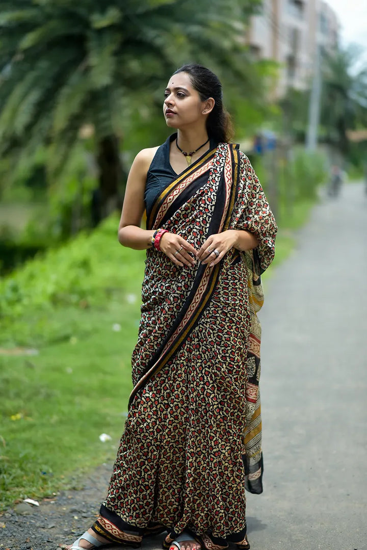 Mystic Escape - Hand Block Print Chanderi Silk Bagru Saree
