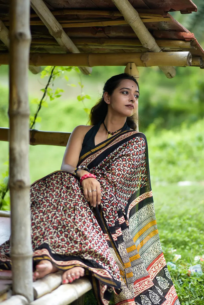 Mystic Escape - Hand Block Print Chanderi Silk Bagru Saree
