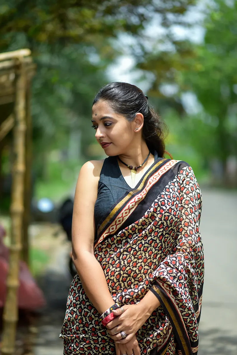 Mystic Escape - Hand Block Print Chanderi Silk Bagru Saree