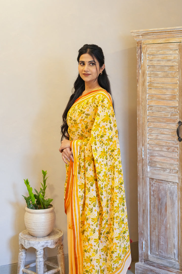 Peach Blooms Hand Block Print Mulmul Cotton Saree
