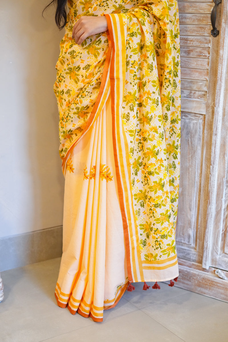 Peach Blooms Hand Block Print Mulmul Cotton Saree