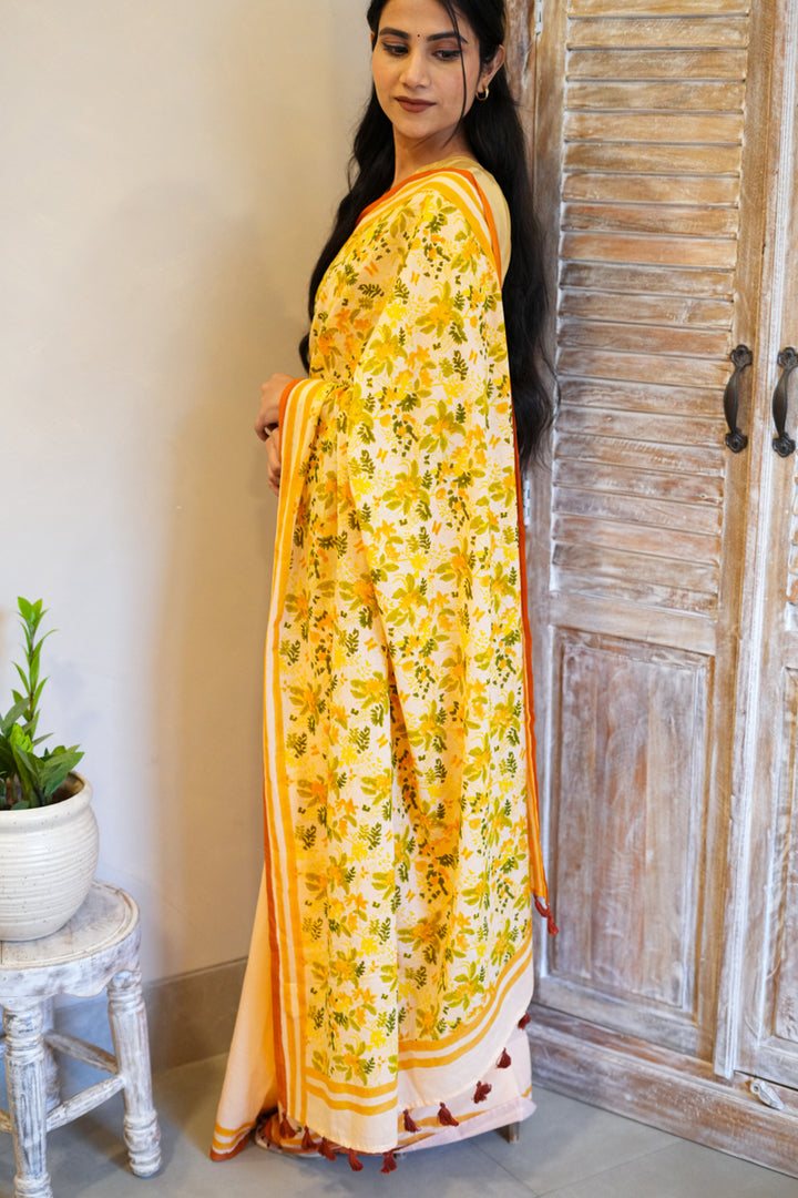 Peach Blooms Hand Block Print Mulmul Cotton Saree