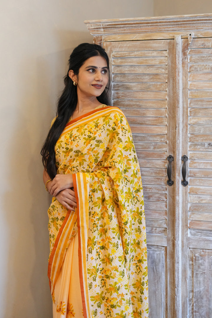 Peach Blooms Hand Block Print Mulmul Cotton Saree