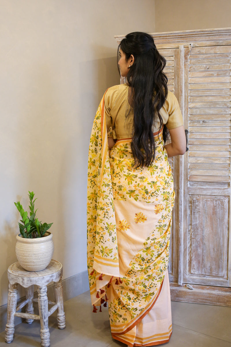 Peach Blooms Hand Block Print Mulmul Cotton Saree