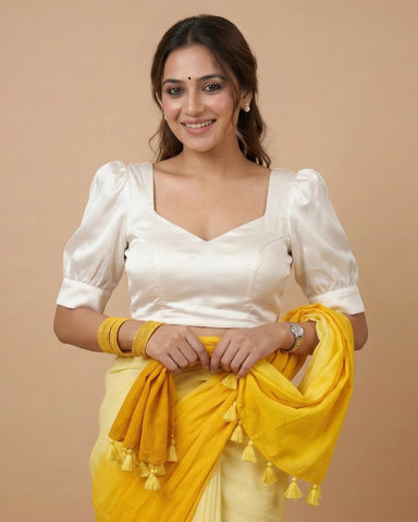 Pearl White Satin Blouse with Puff Sleeves