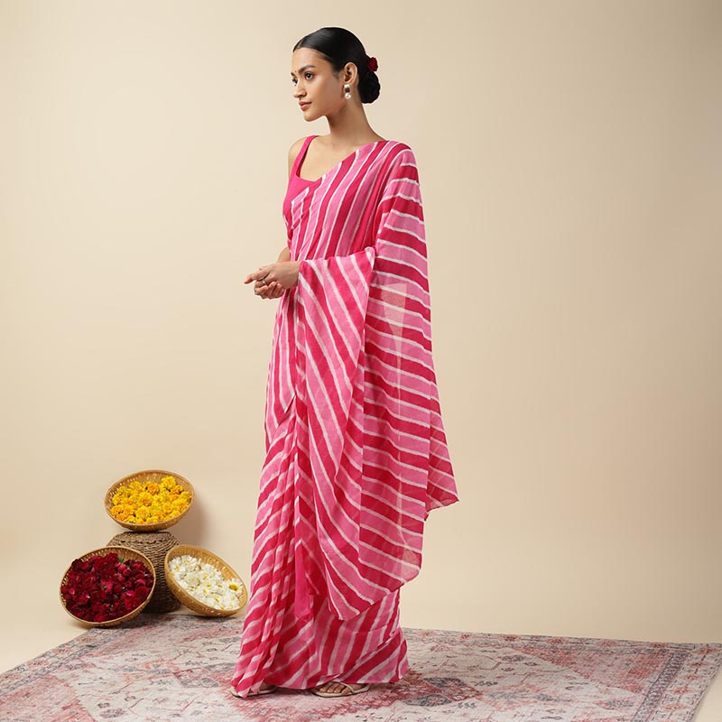 Rani Pink Leheriya Tie-dye Mulmul Cotton saree